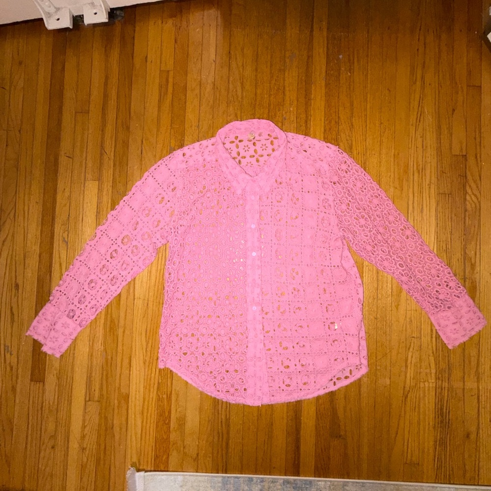 Free People Pink Lace Button Down Shirt